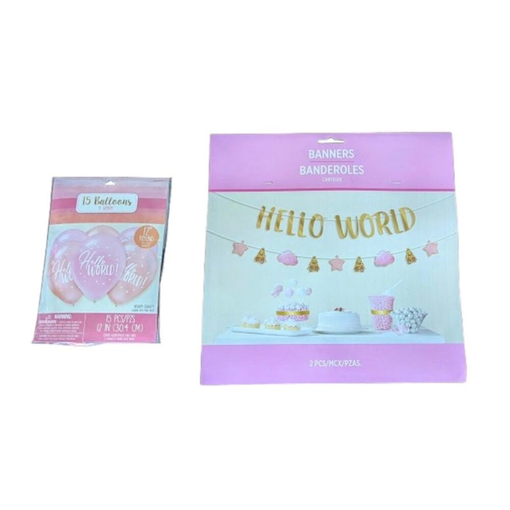Hello World Baby | Girl Baby Shower | Gender Reveal Pink | Banner Kit & Ballons